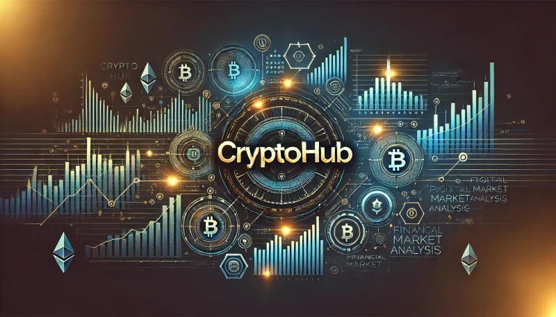 暗い背景に仮想通貨市場を象徴するチャートと「cryptohub」のテキストが輝く未来的なデザインのバナー画像。