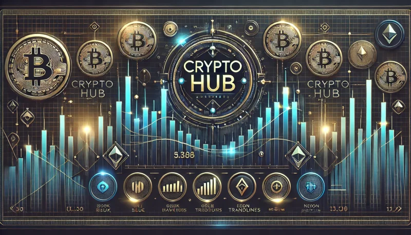 ダークブルーを基調にした未来的な仮想通貨チャートと「cryptohub」のテキストが目立つデザイン。