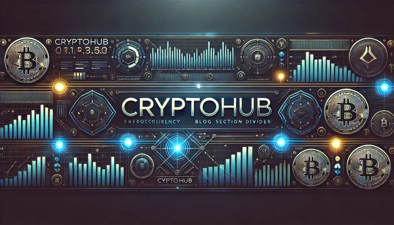 暗い背景に金融チャートと「cryptohub」の文字を配置した重厚な仮想通貨バナー。