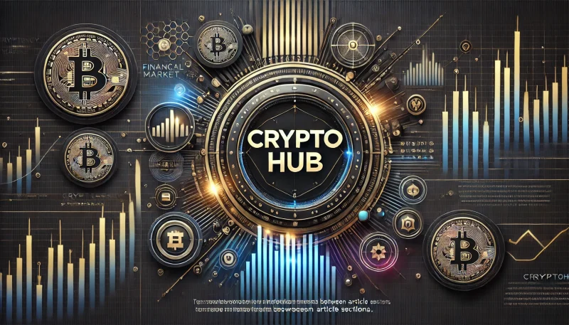 ダークテーマを基調とした仮想通貨記事用のセクション画像。デジタルチャートと「cryptohub」のテキストが中心に配置され、ゴールドとネオンブルーのアクセントが加えられた未来的デザイン。