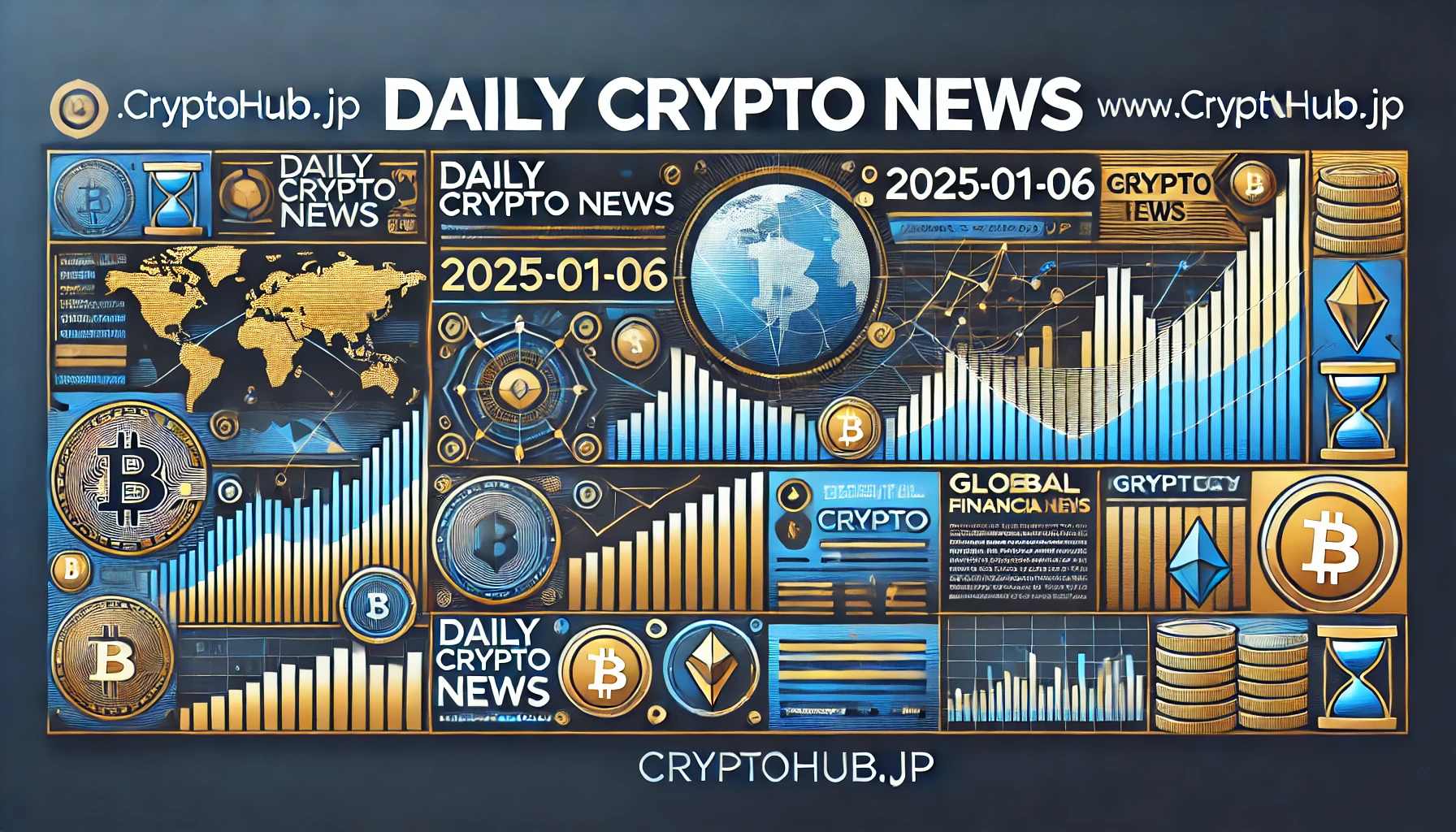 仮想通貨ニュースのアイキャッチ画像。市場のトレンドライン、デジタル地図、金融アイコンを融合したデザイン。