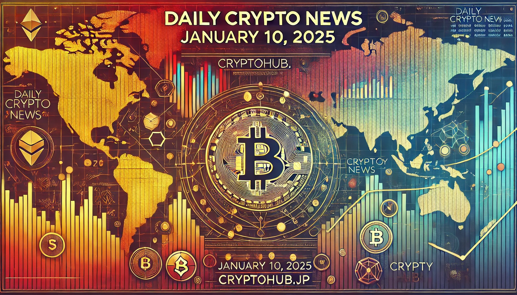 「デジタル仮想通貨チャートと市場トレンドを重ねたグローバル視点の金融デザイン。Daily Crypto News | 2025年1月10日」