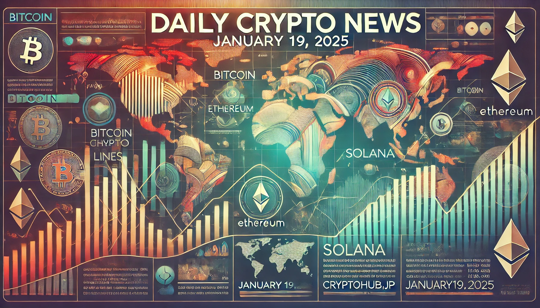 仮想通貨ニュース記事用のアイキャッチ画像。デジタル株価チャート、世界地図のアウトライン、仮想通貨シンボルが組み合わされた洗練されたデザイン。