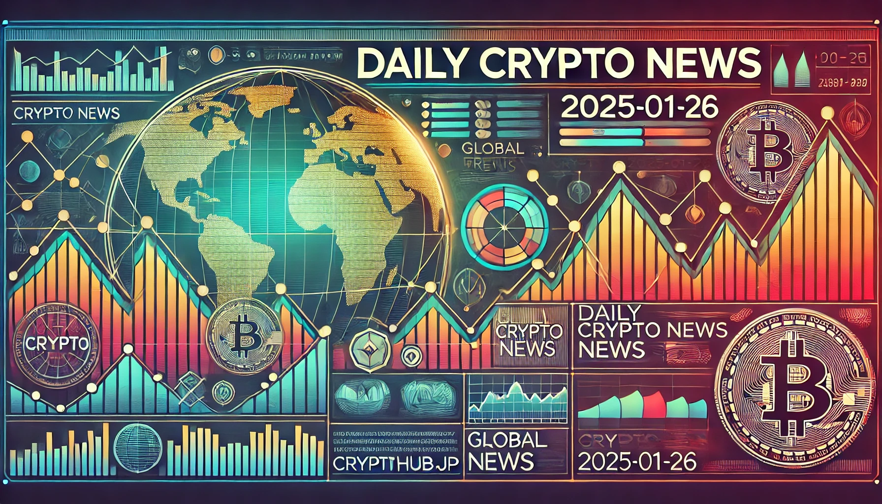 仮想通貨ニュースのアイキャッチ画像。デジタル株価チャート、市場トレンドライン、金融アイコン、古い世界地図が組み合わさったグローバルな視点のデザイン。