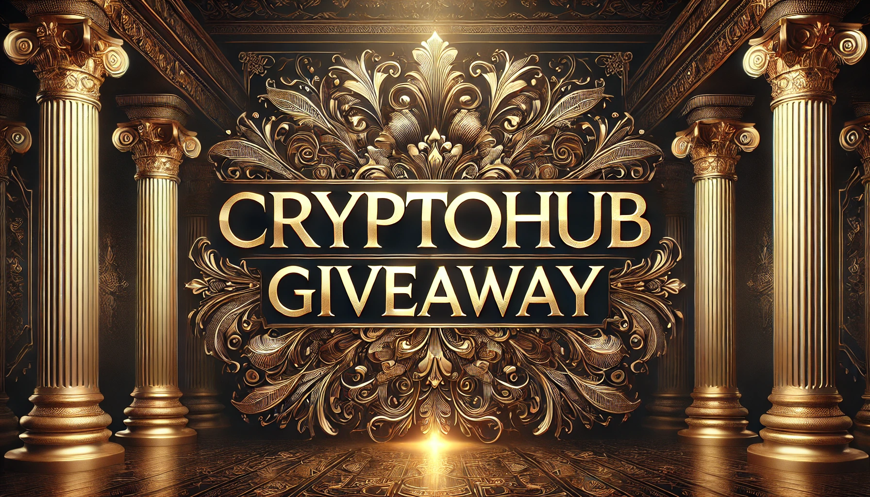 「CryptoHub」と「GIVEAWAY」のテキストが大きく目立つ、豪華で荘厳なキャンペーン用アイキャッチ画像。