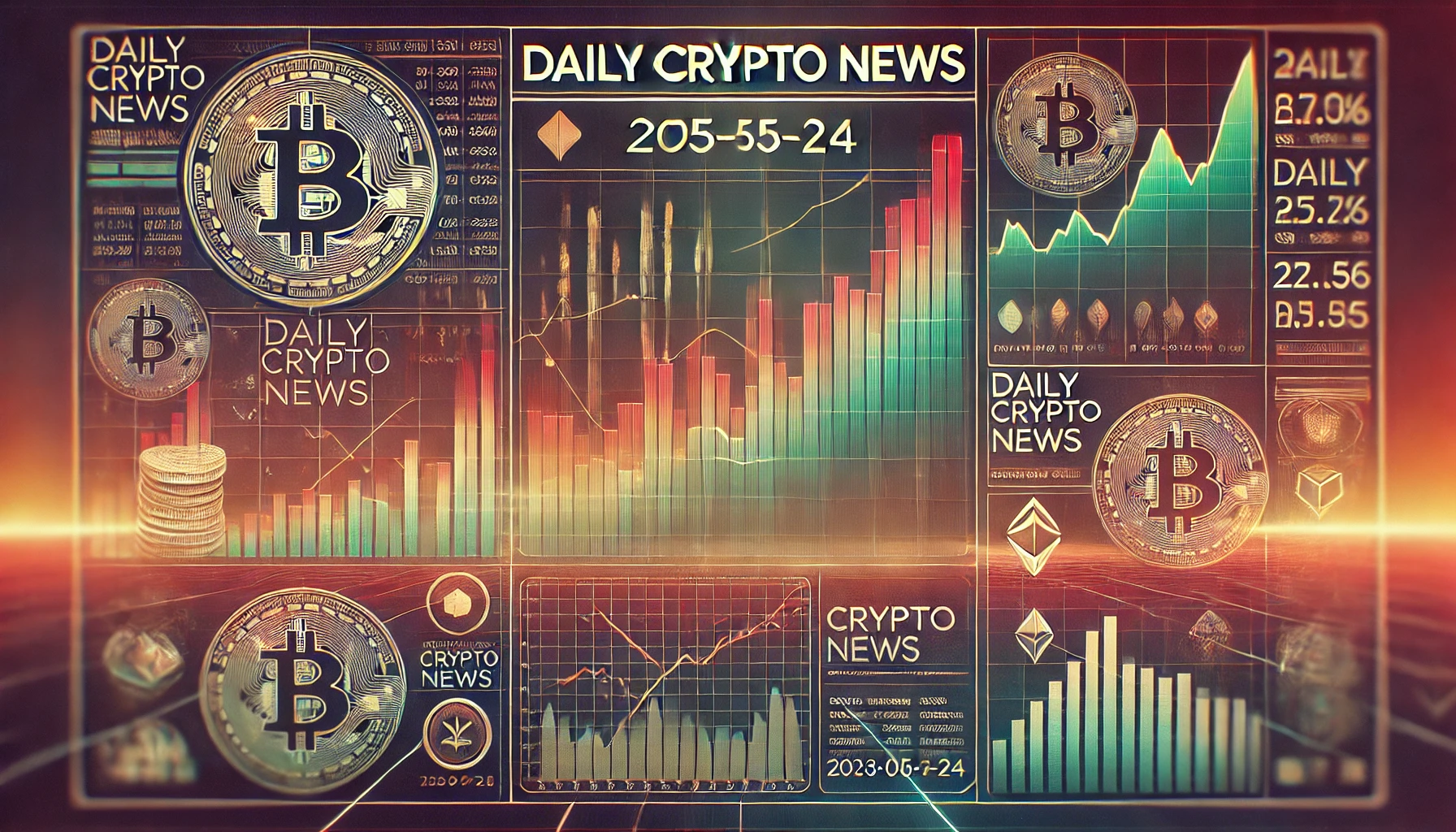 仮想通貨市場の最新ニュースを象徴するデジタル画像。クラシックな金融デザインと世界市場の視点を組み合わせた洗練されたビジュアル。