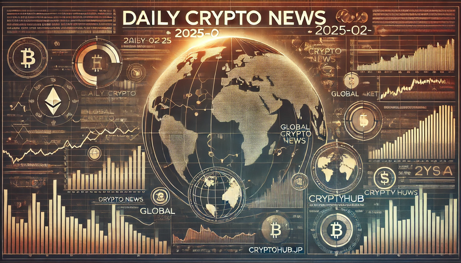 仮想通貨市場のグローバル動向を示すデジタルチャートと金融アイコンが重なった、ニュースオープニング風の洗練されたデザイン。