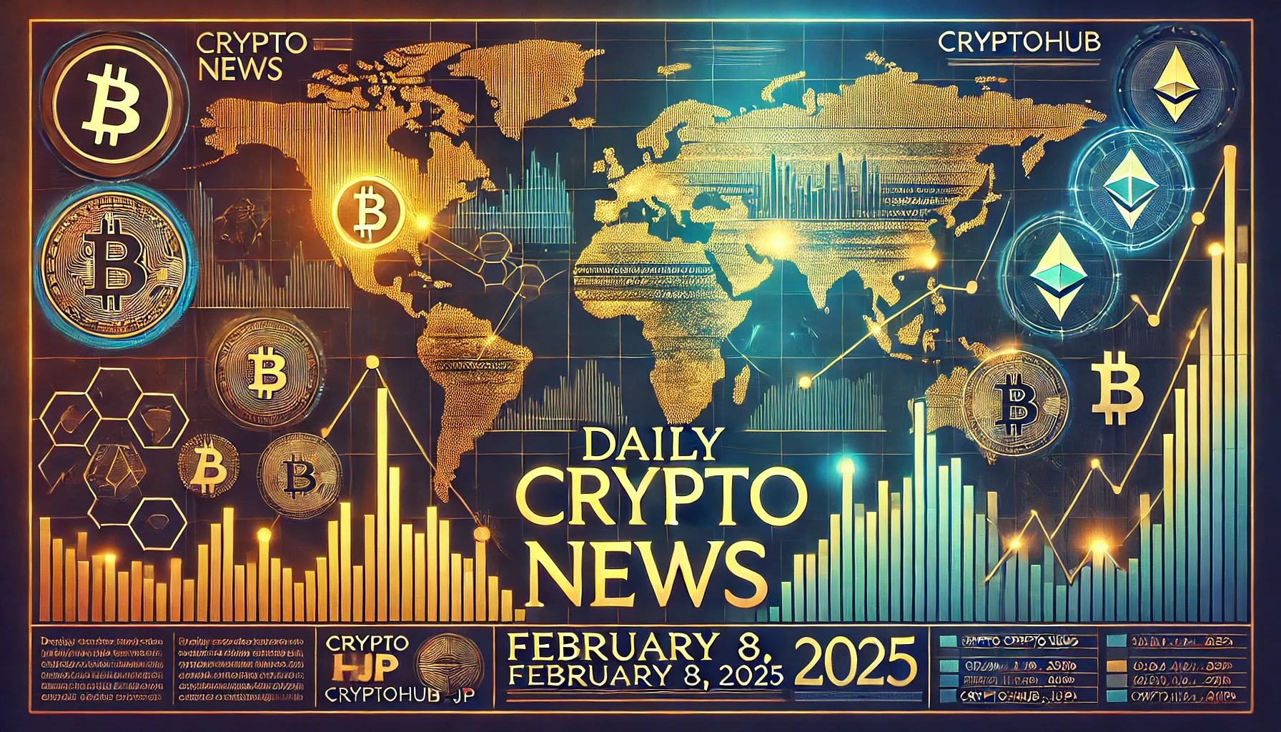 ビットコイン市場の最新動向と仮想通貨ニュースを伝えるデジタル金融デザイン。市場トレンド、株価チャート、仮想通貨アイコンが重なり合い、世界的な視点を表現。