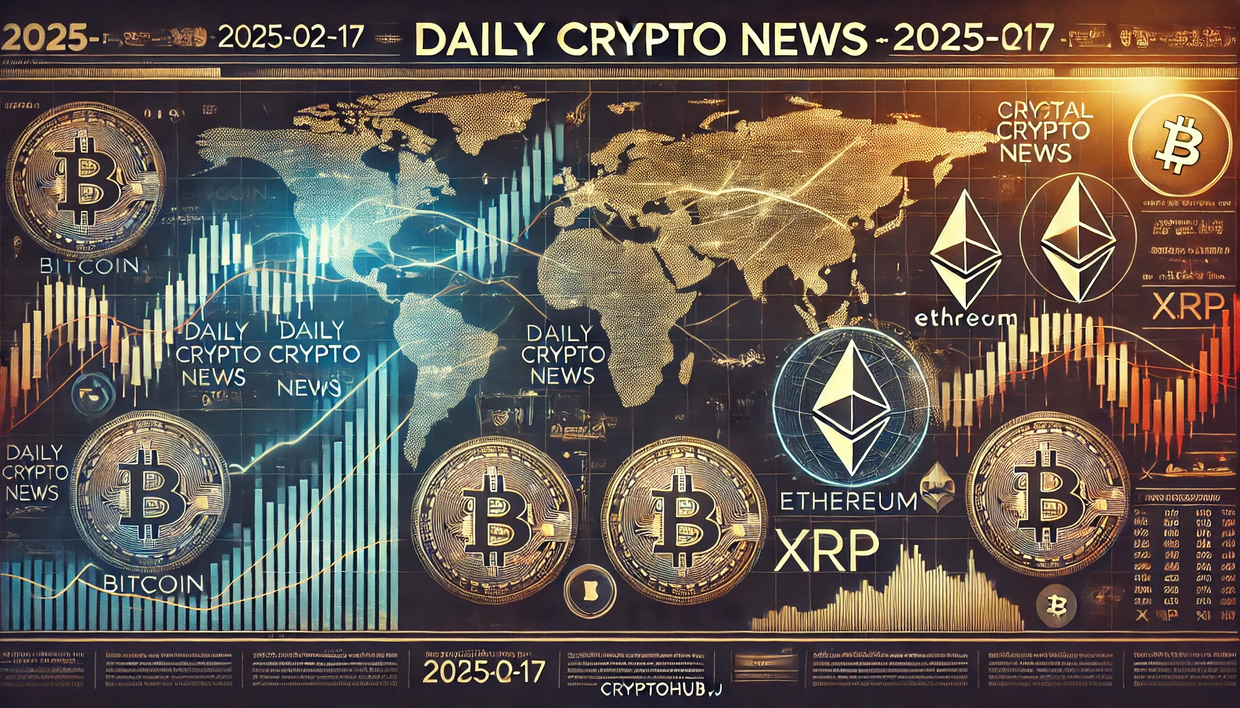 仮想通貨市場の最新ニュースを伝える金融デザインのアイキャッチ画像。世界地図、株価チャート、ビットコイン・イーサリアム・XRPのアイコンが組み合わされ、市場の動きを象徴するグラフィックデザイン。