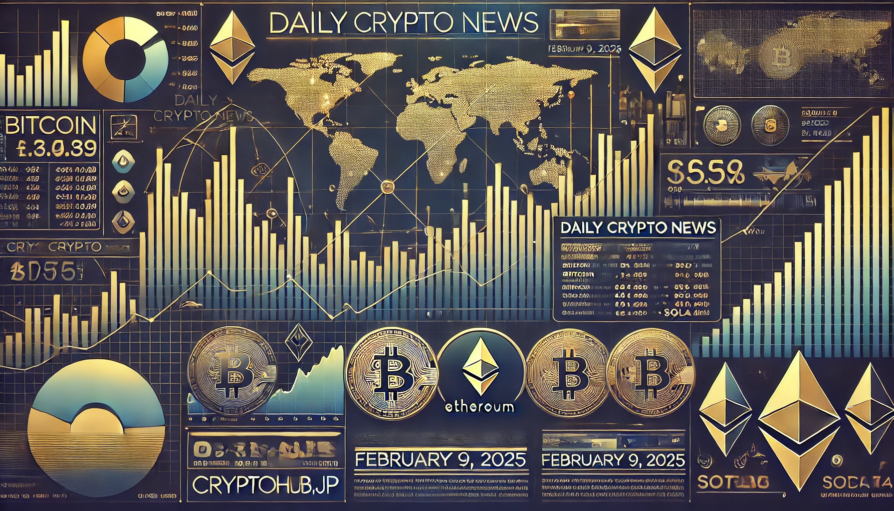 仮想通貨市場の最新情報を伝えるデジタル金融ニュースバナー。世界地図、株価チャート、仮想通貨アイコンを組み合わせた洗練されたデザイン。