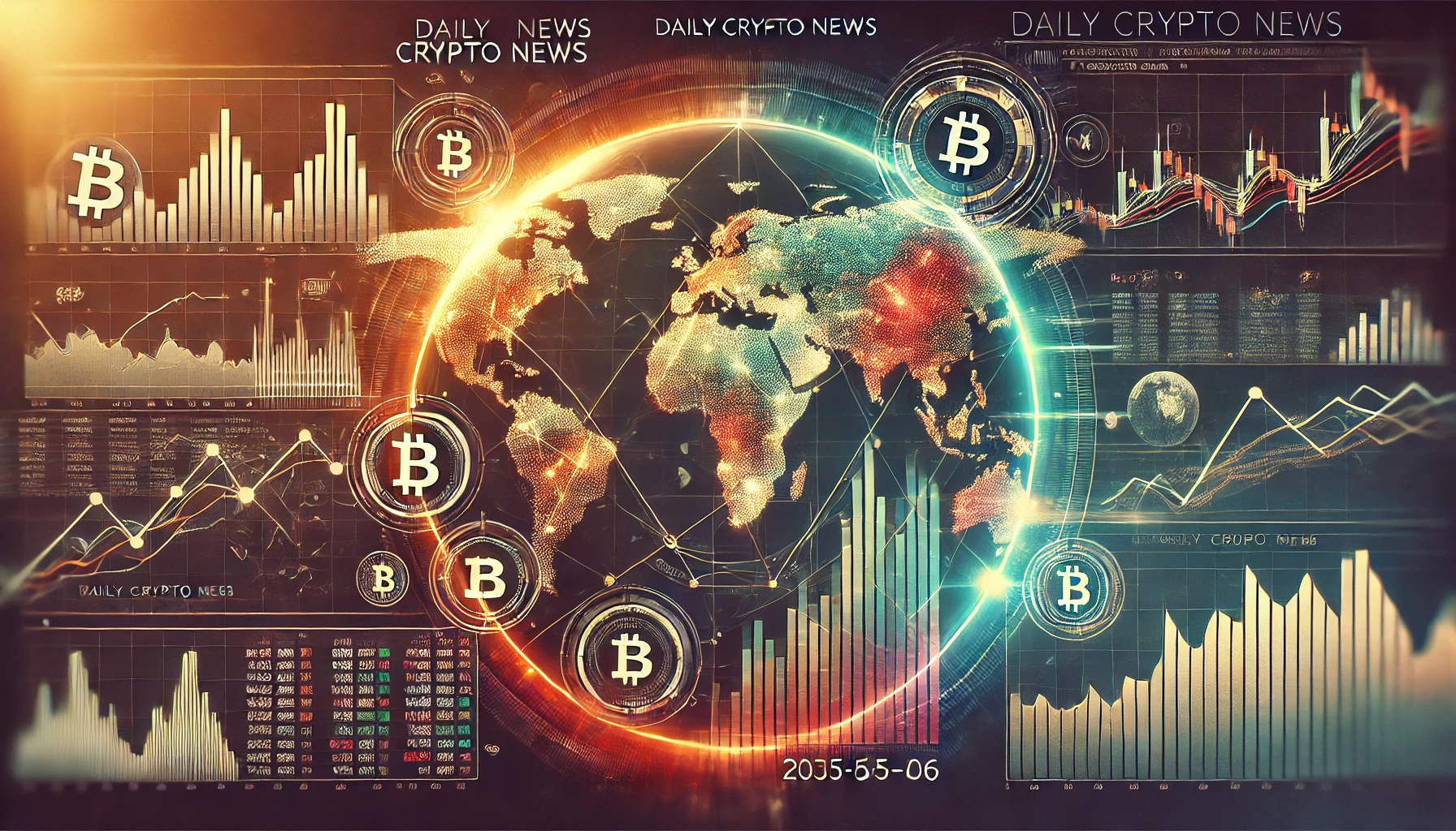 仮想通貨市場の最新動向を表現するデジタル画像。クラシックな金融デザインとデジタル株価チャート、世界地図のアウトラインが組み合わさり、ニュース番組のオープニングのようなプロフェッショナルなデザイン。