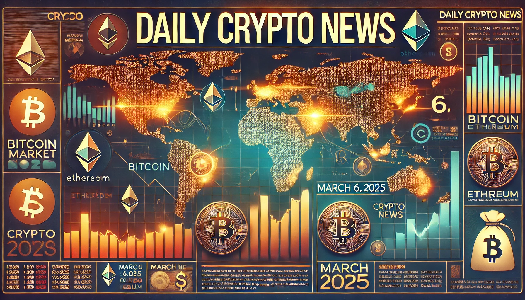 仮想通貨市場の最新ニュースを伝えるデジタル金融デザインのバナー画像。世界地図、仮想通貨アイコン、価格チャートが重なり合い、グローバルな市場の動向を視覚的に表現。