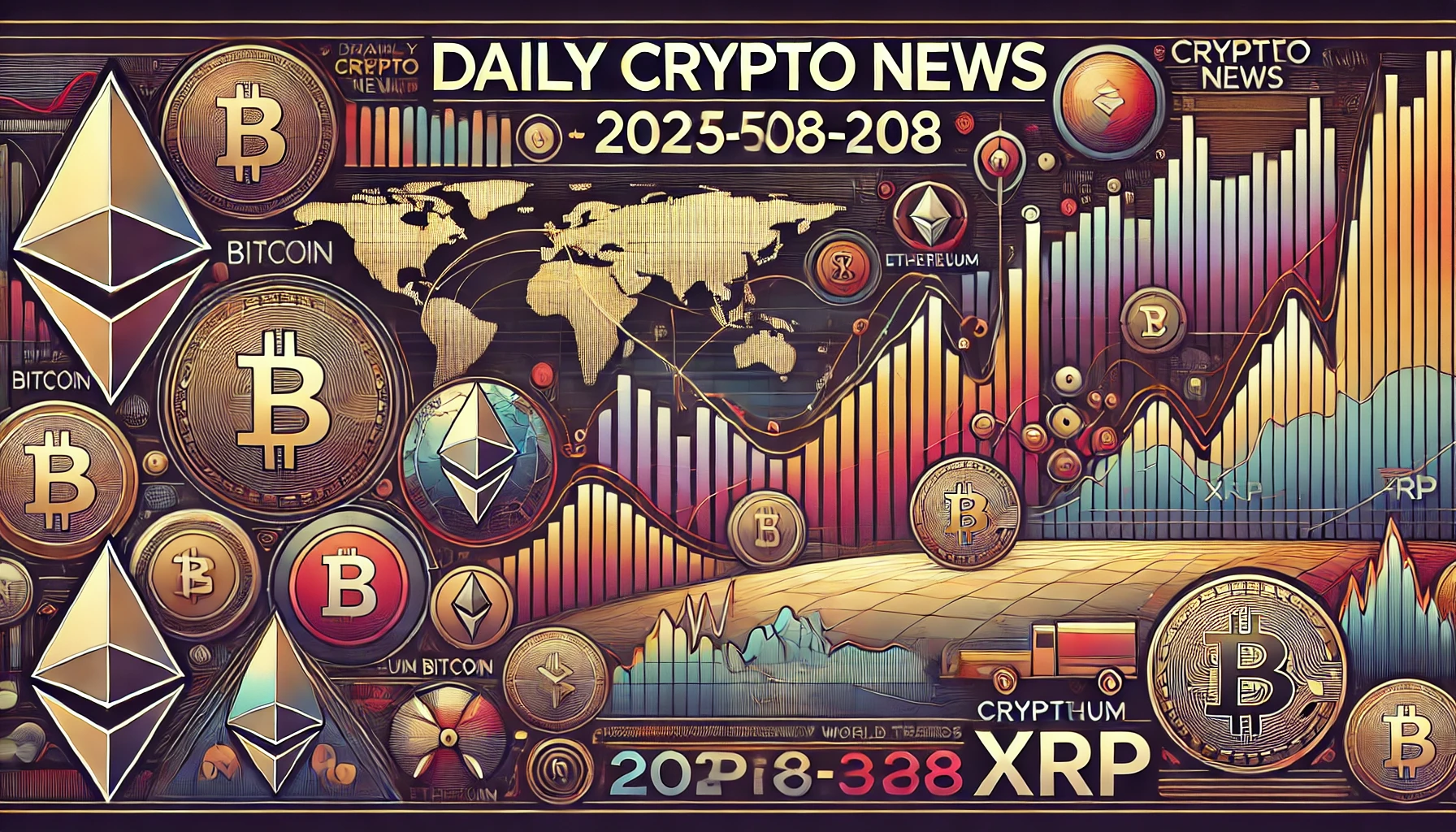 世界地図と仮想通貨チャートを背景にした2025年3月8日の暗号資産ニュースのバナー