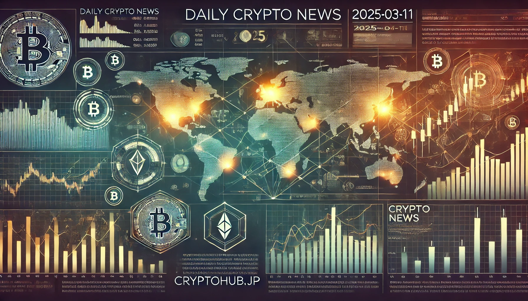 仮想通貨市場の最新トレンドを示すデジタルチャートと世界地図のアウトラインが融合した洗練されたニュースバナー