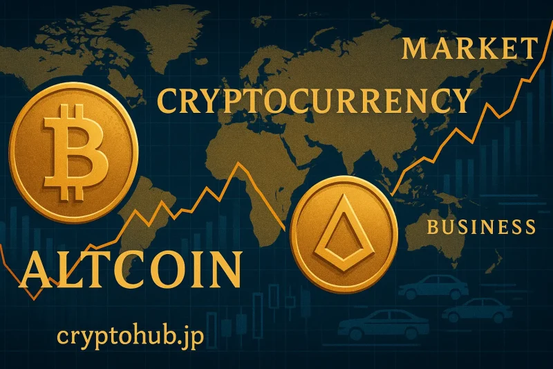 仮想通貨・ビットコイン・アルトコイン市場動向を示す未来型グラフィック