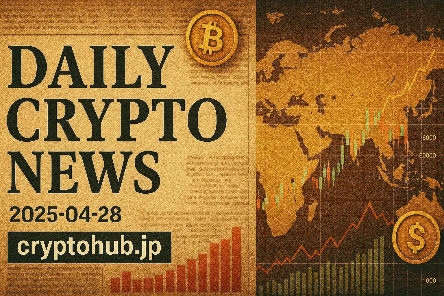 仮想通貨市場ニュースを象徴する新聞風コラージュ、世界地図と株式チャートを重ねたクラシックデザイン