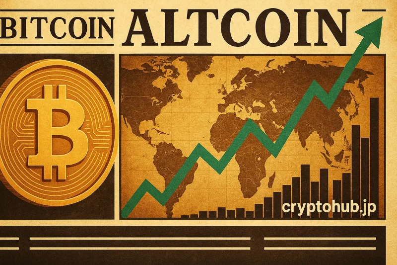 仮想通貨ニュース用セクション画像、ビットコインとアルトコイン市場動向を象徴する世界地図と上昇チャート