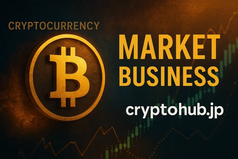 暗号通貨市場に関するセクション用ビジュアル。金色ビットコインとマーケット、ビジネスの文字が映える。
