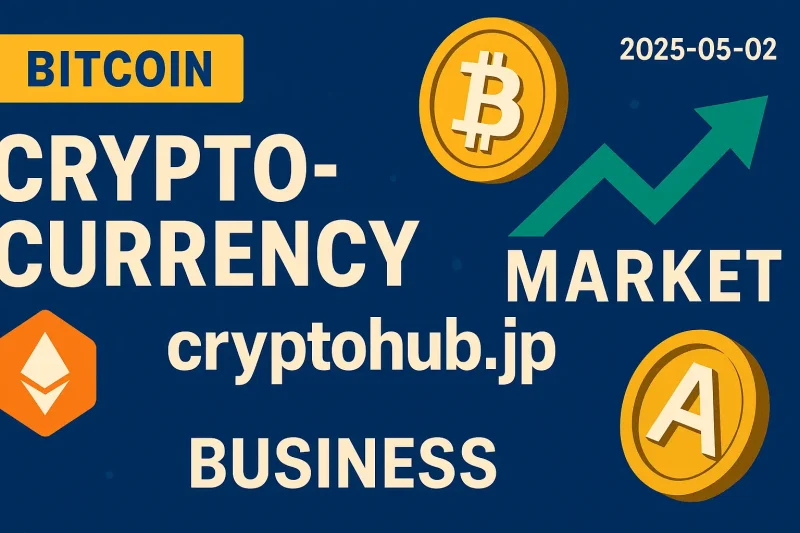 暗号通貨市場を象徴するビジュアルバナー。Bitcoin、Ethereum、マーケット上昇を示す矢印、cryptohub.jpのロゴ入り