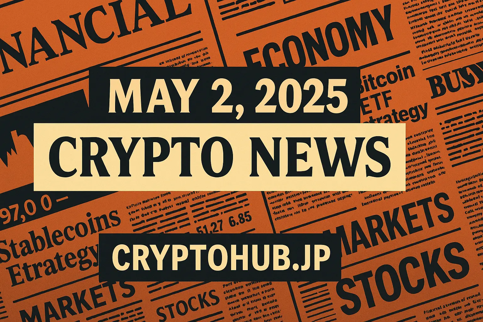 暗号資産ニュース記事用アイキャッチ画像。新聞風の背景に「2025年5月2日」と「cryptohub.jp」の文字が表示されている。