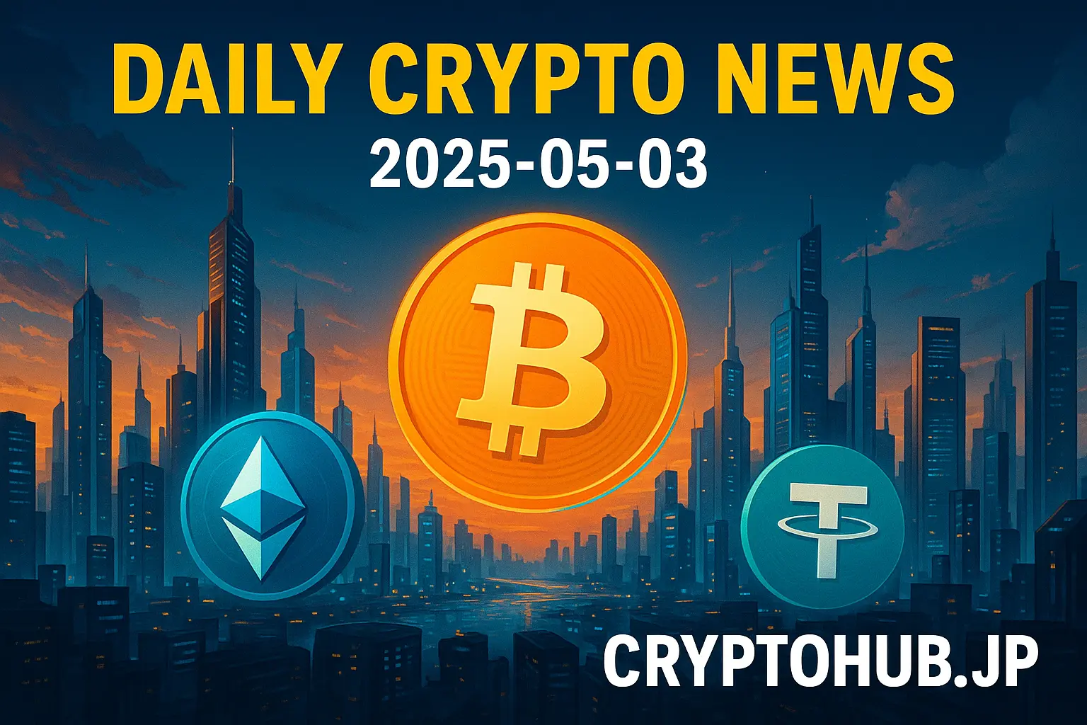 未来的な都市と仮想通貨アイコンが描かれた2025年5月3日の暗号資産ニュースアイキャッチ画像
