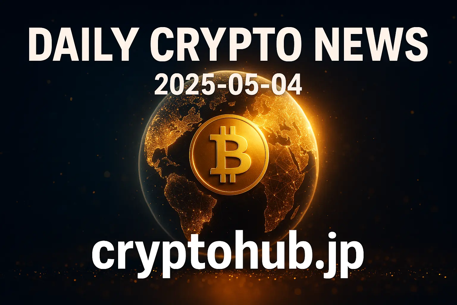 ビットコインの金色シンボルが中央に輝く地球儀、仮想通貨ニュース2025年5月4日版