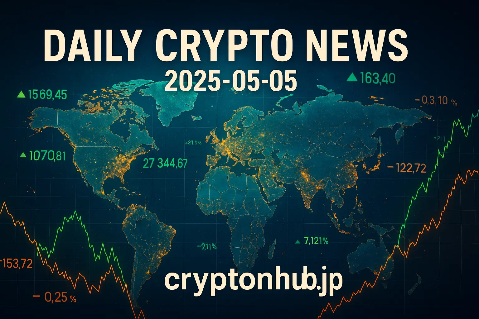 暗号通貨ニュース記事のための衛星スタイル世界地図と金融データのビジュアル