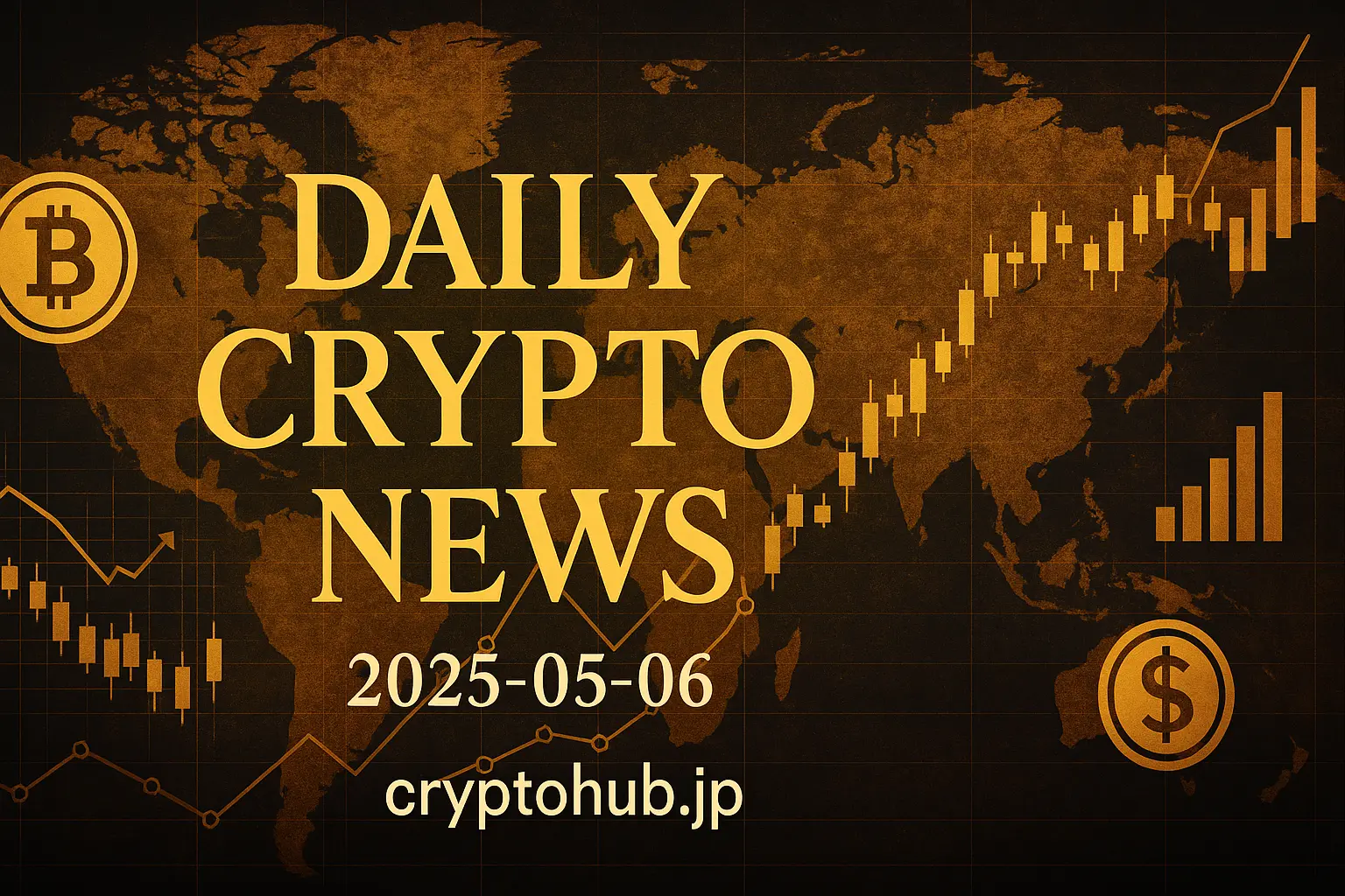 暗号通貨ニュース2025年5月6日版のアイキャッチ画像。世界地図と市場チャートが融合された視覚的デザイン。