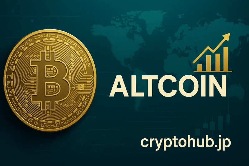 世界地図とビットコインを背景にした暗号通貨とアルトコインの視覚的イメージ