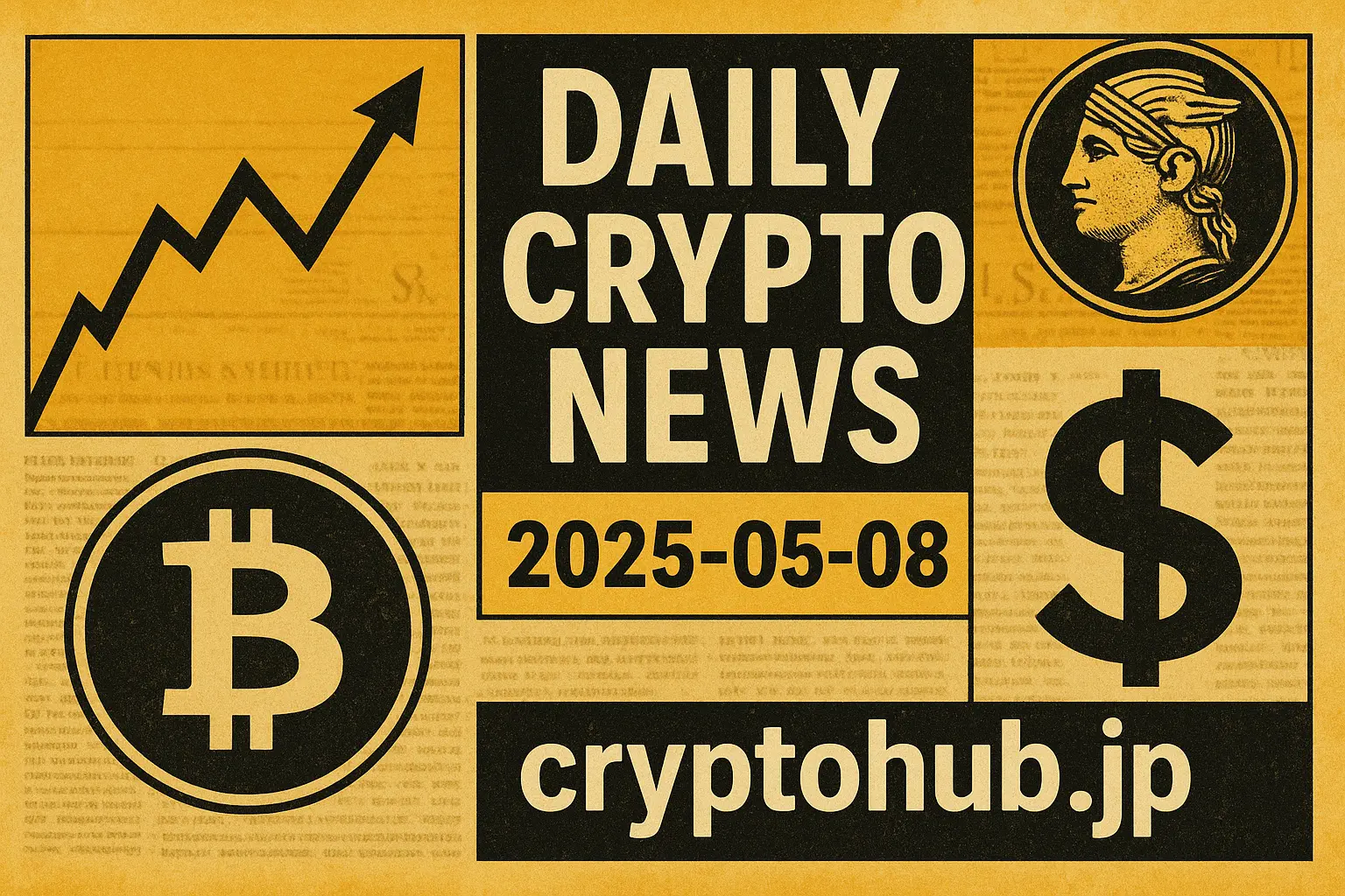 2025年5月8日付の仮想通貨ニュースを伝えるデザインバナー画像