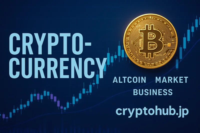 仮想通貨市場に関するバナー画像。ビットコインやアルトコイン、マーケットの動向が視覚的に表現されている。