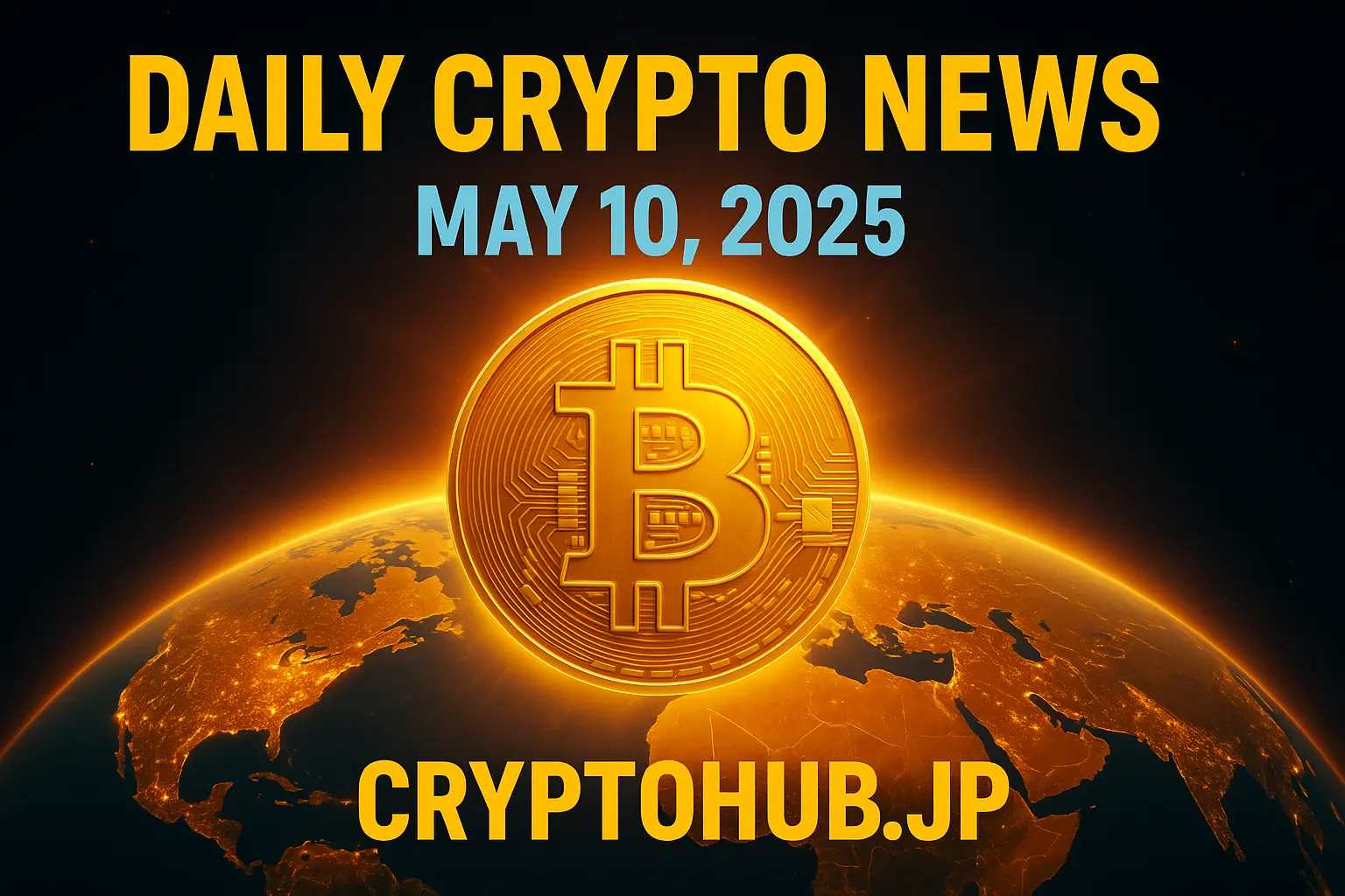 金色のビットコインシンボルが輝く地球儀を背景にした、仮想通貨ニュース記事用のビジュアル（2025年5月10日）