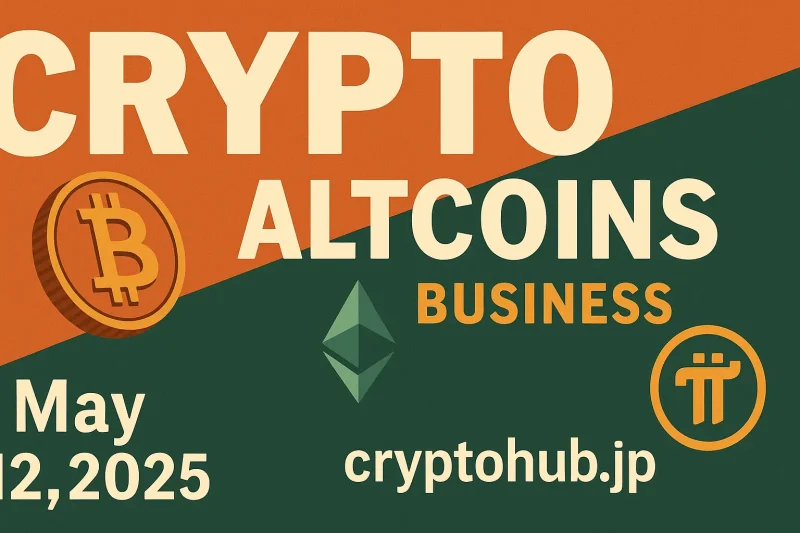 暗号通貨関連のビジネス用横長バナー、ビットコイン・イーサリアム・Piロゴ付き