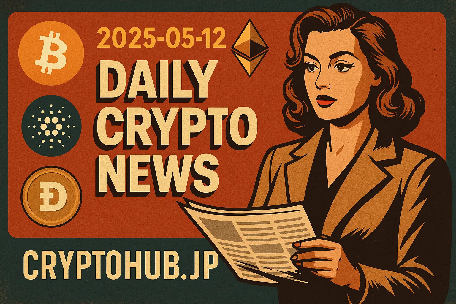 暗号通貨ニュースを象徴するレトロ風の女性イラスト、主要コインと日付入り
