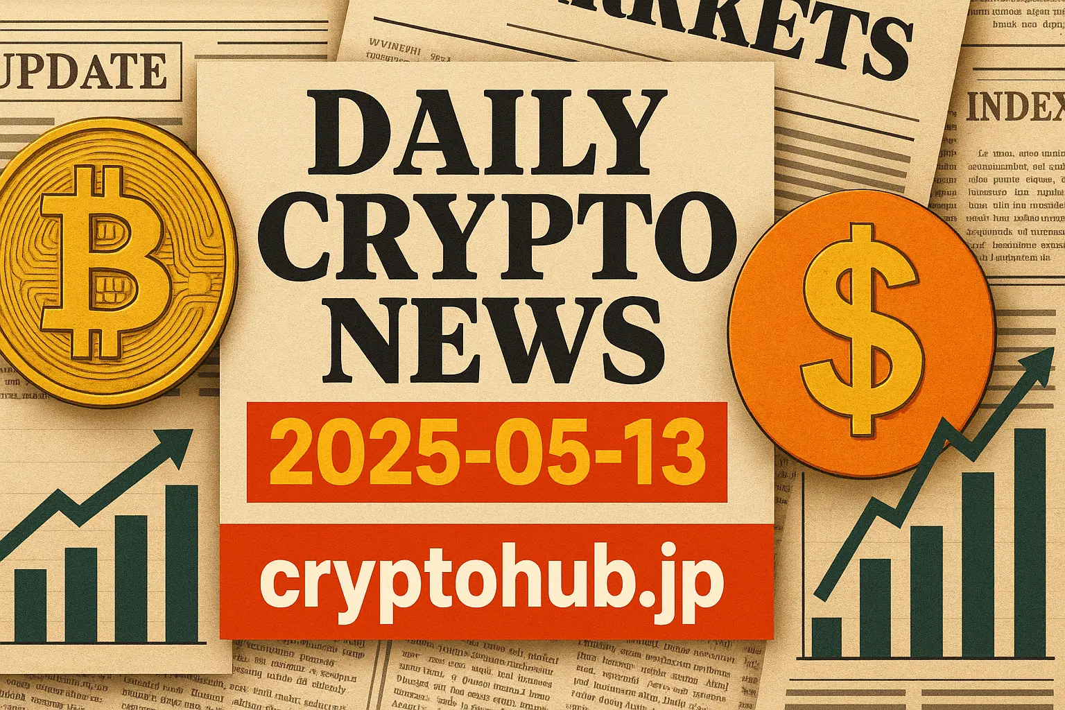 仮想通貨ニュースをテーマにした新聞コラージュ風のアイキャッチ画像。中央に日付と「cryptohub.jp」の文字。