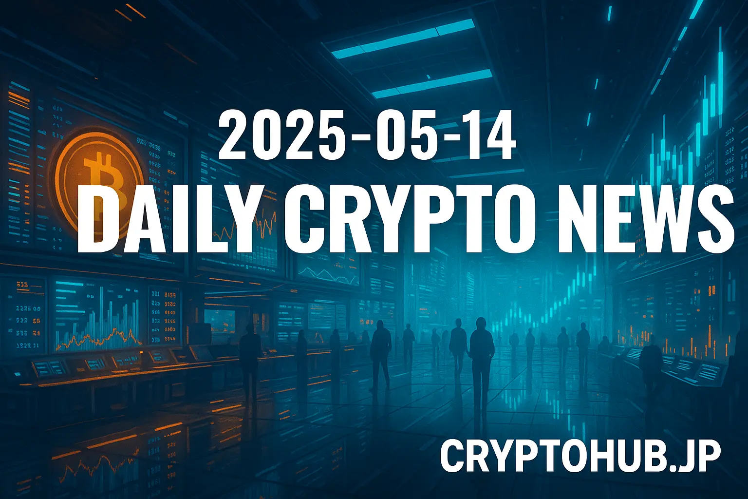 2025年5月14日の仮想通貨ニュースを伝える未来的な取引フロアのイラスト