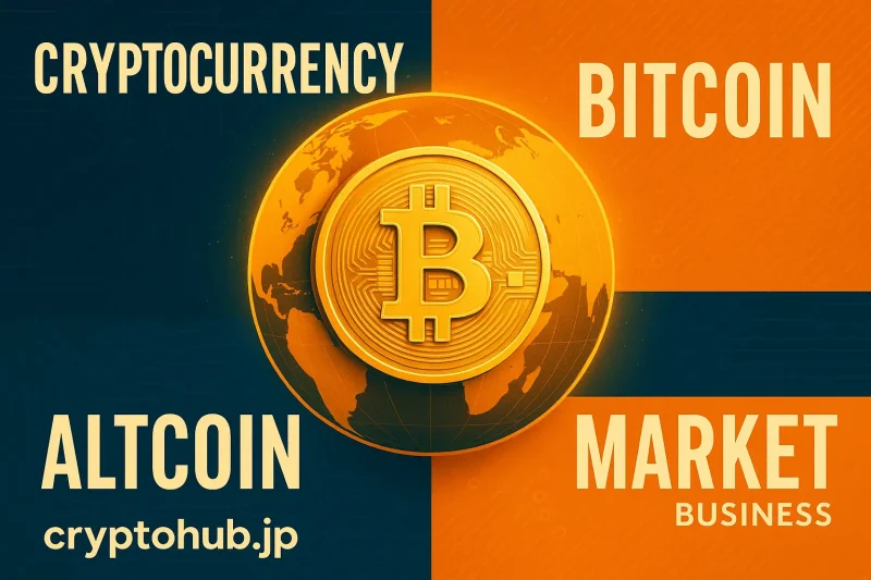 ビットコインと地球儀が中央に配置された暗号資産関連のセクション間バナー画像