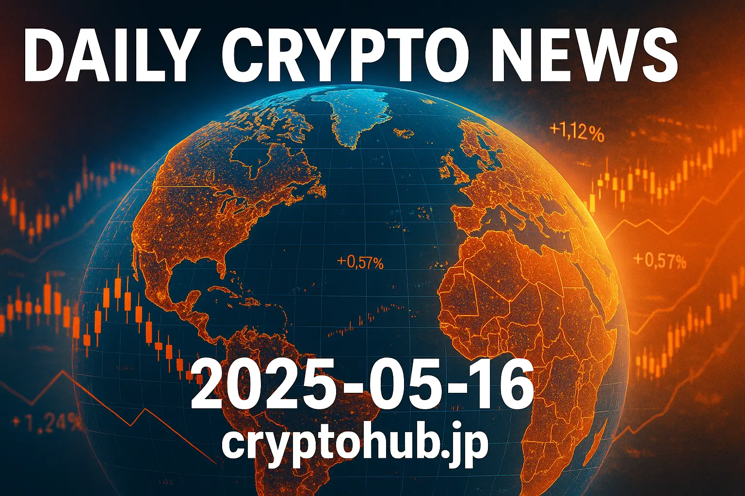 2025年5月16日の仮想通貨ニュースを示す世界地図と金融データのグラフィック