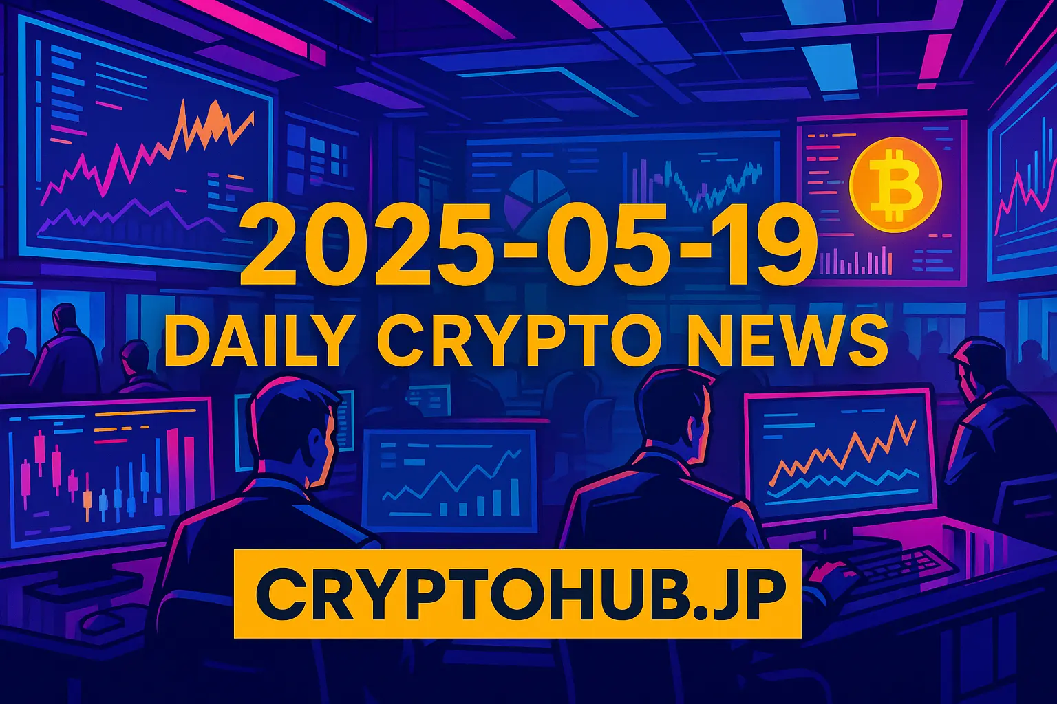 仮想通貨ニュース2025年5月19日号のアイキャッチ画像。未来的なデジタル取引フロアで活発に動くトレーダーたちの様子が描かれている。