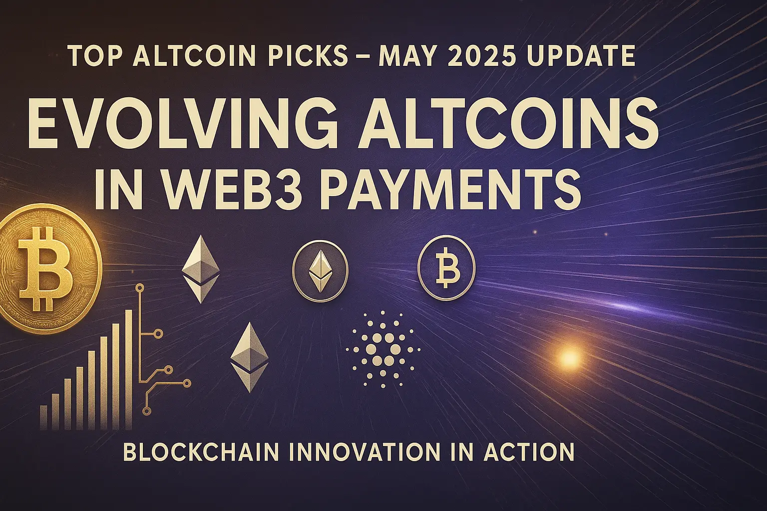 注目のアルトコインの進化と未来を象徴するデジタルグラフィック。ブロックチェーン、Web3決済、分散型金融などを視覚的に表現。