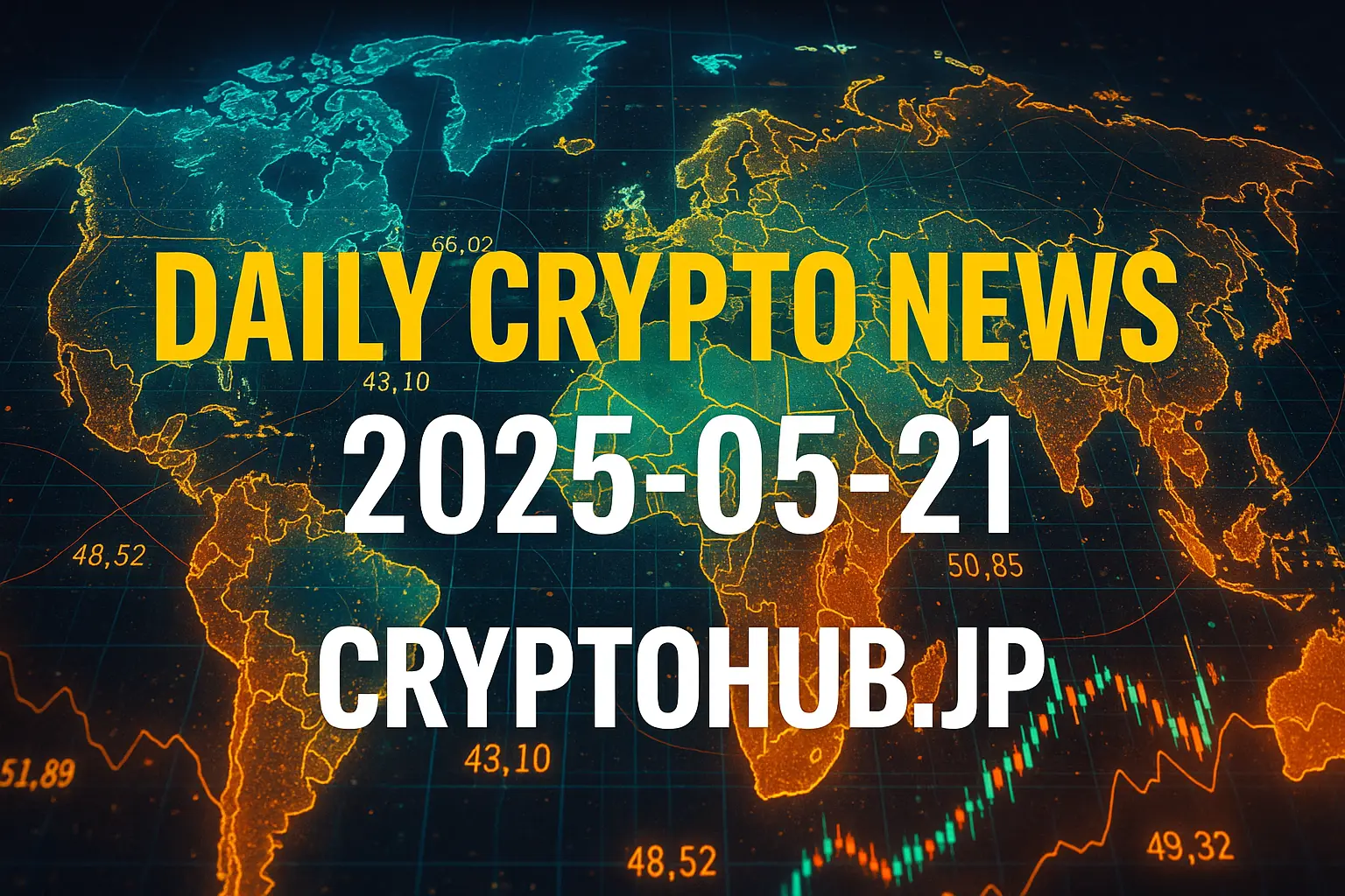 暗号通貨ニュース記事用の世界地図と金融データのビジュアル（2025年5月21日）