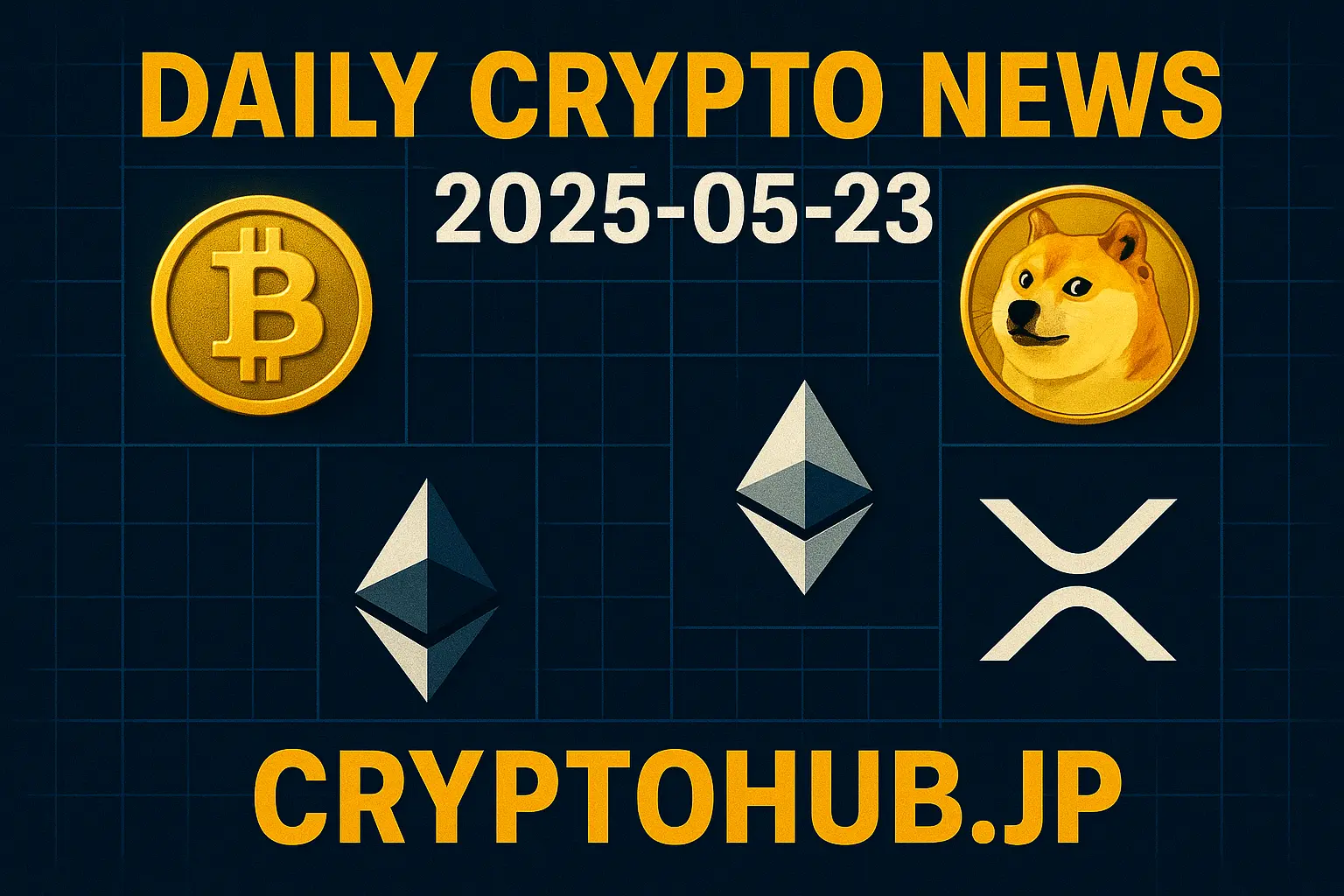 仮想通貨ニュースのビジュアル、ビットコイン・ドージコイン・イーサリアム・XRPのロゴと日付を表示