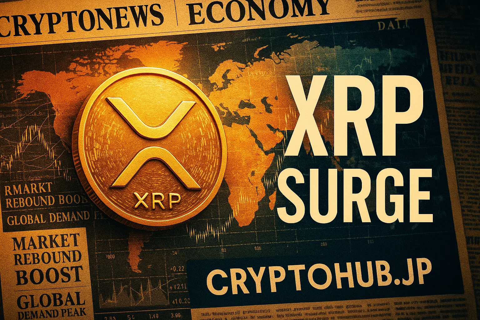 XRPのロゴと世界地図が重なる、仮想通貨分析記事のビジュアル