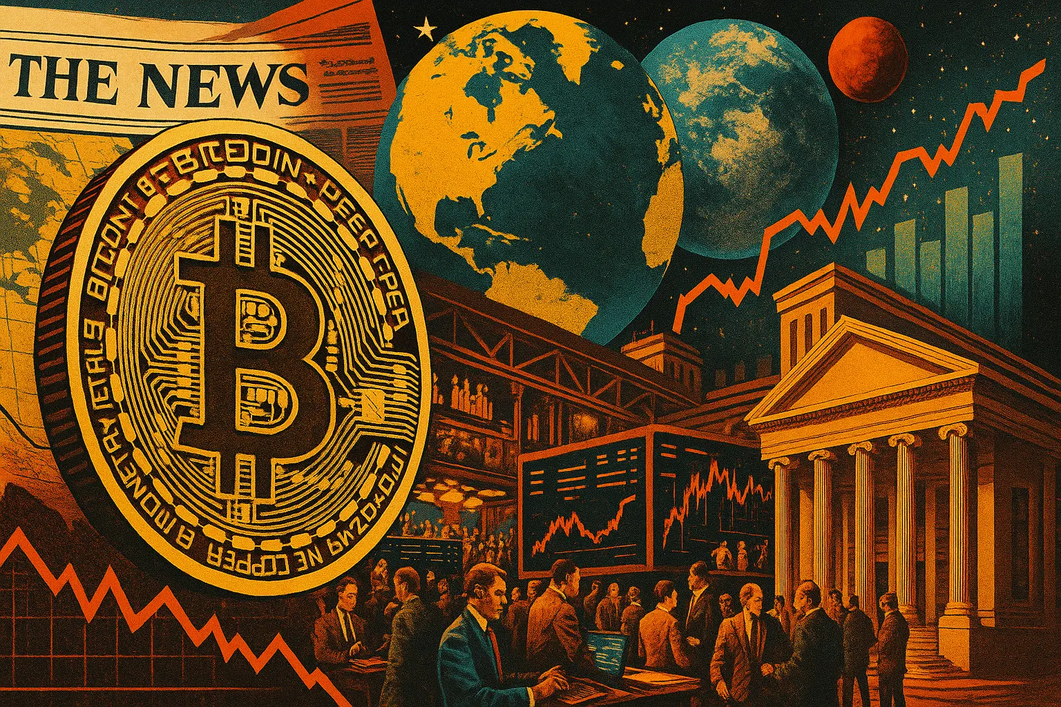 ビットコインと地球、取引所をモチーフにした仮想通貨市場のビジュアル