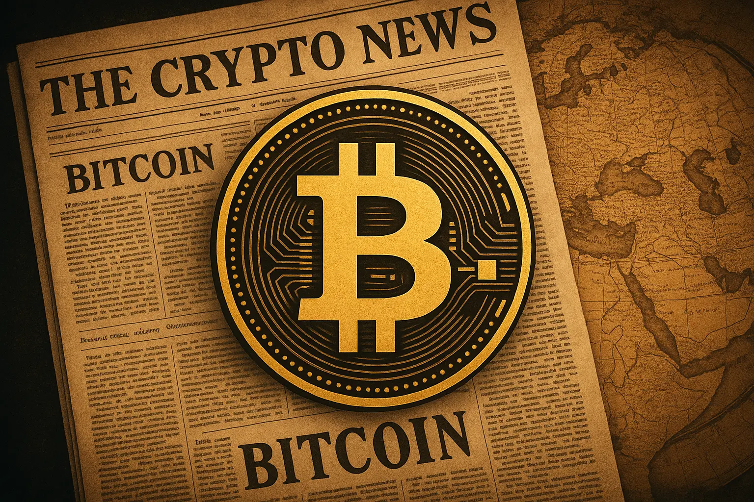 ビットコインシンボルを中央に据えた新聞と古地図の重層構成画像