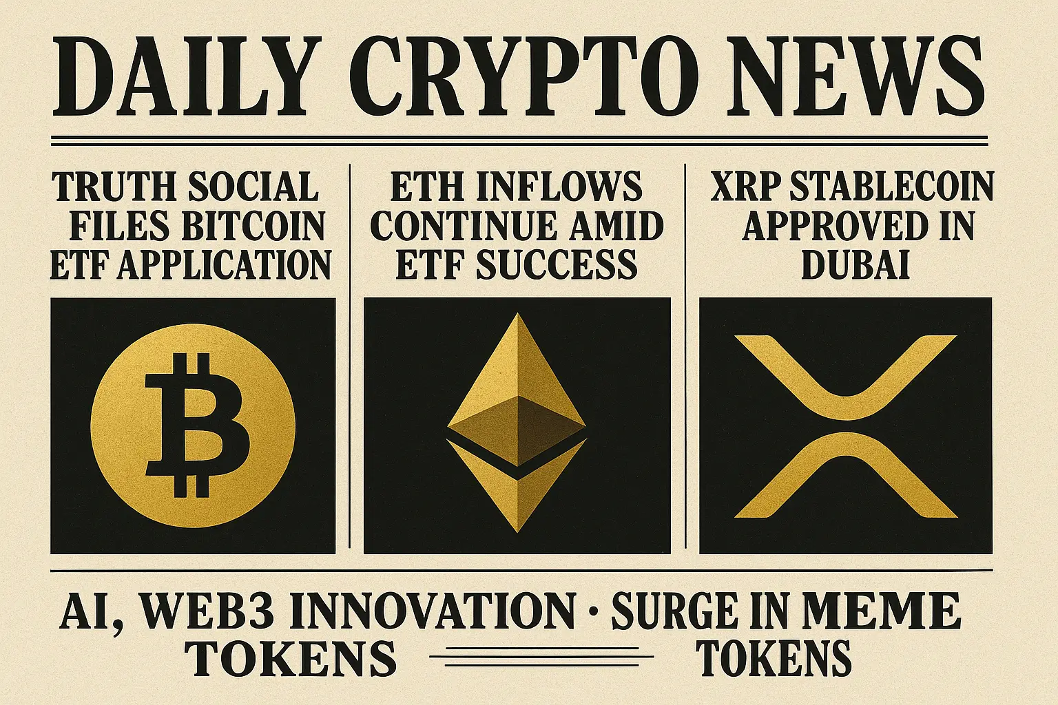 仮想通貨ETFと主要トークンに関する新聞風デザインのニュース画像
