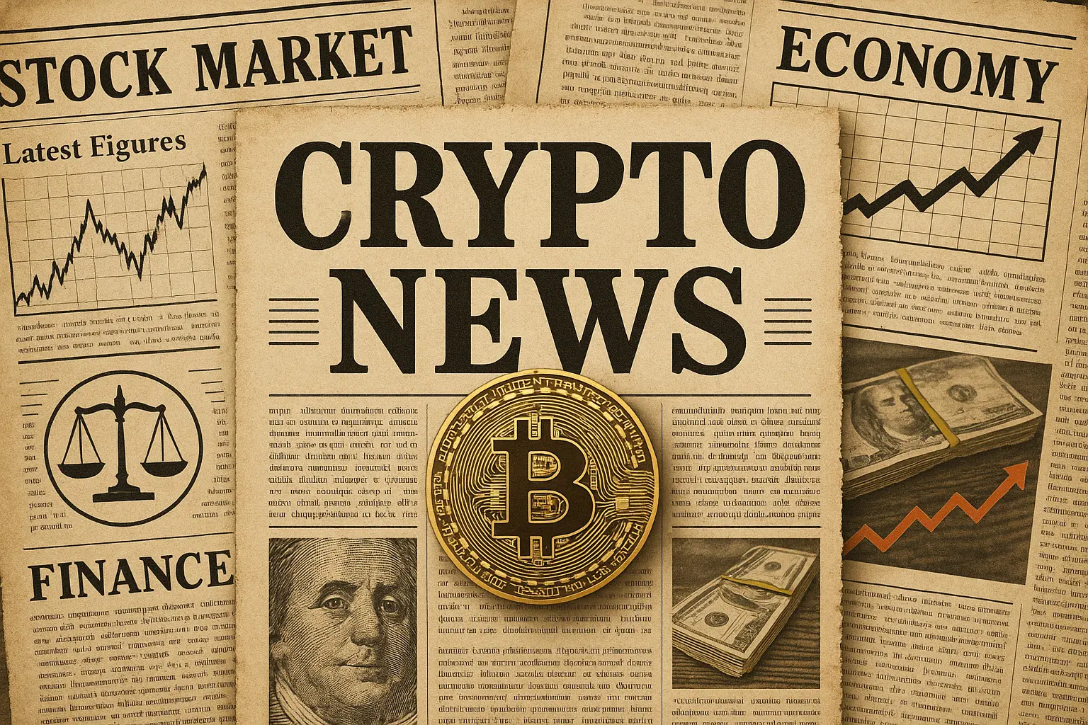 ビットコインや株価、経済紙面を重ねた新聞風コラージュ