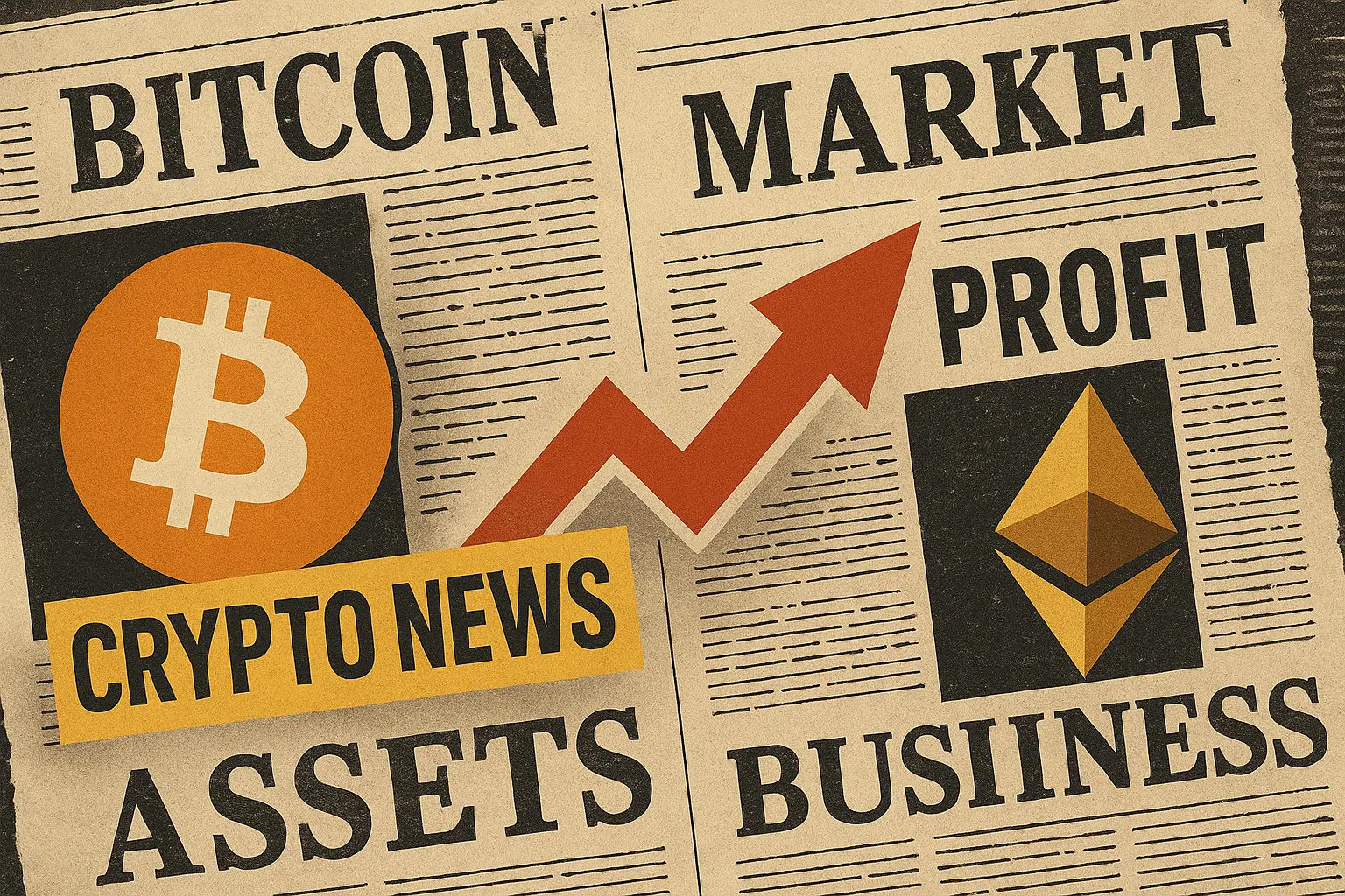 仮想通貨ニュースを象徴する新聞風コラージュ画像。ビットコインとイーサリアムのロゴ、赤い上昇矢印、見出し文字が配置されている。