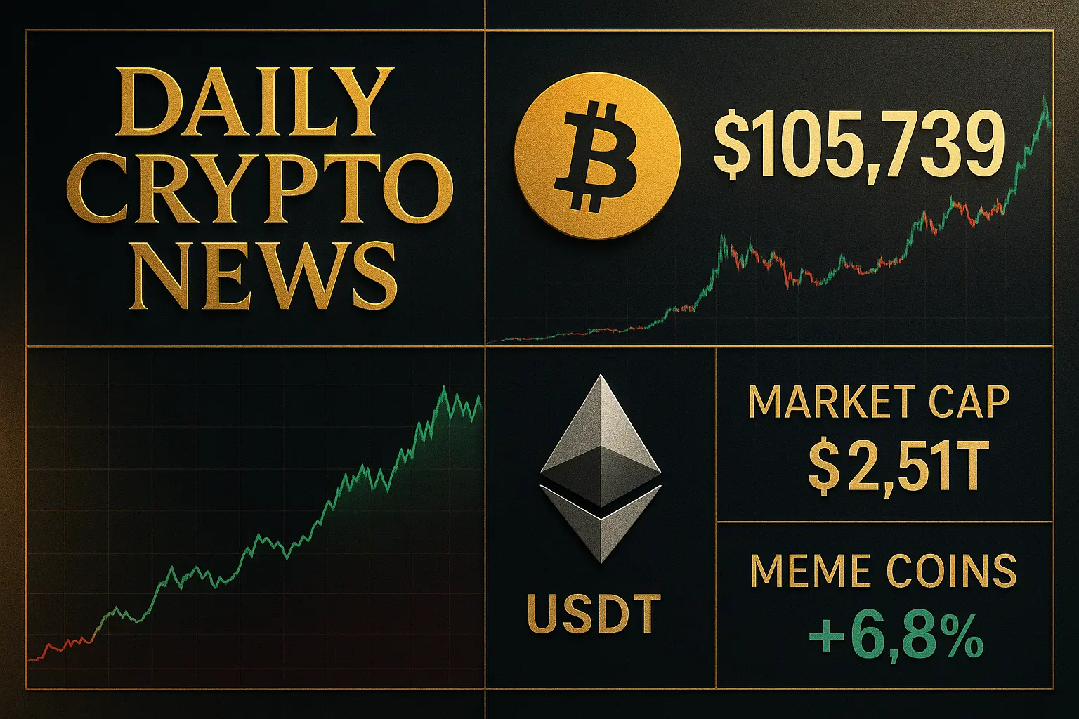 ビットコインとイーサリアム、USDTの価格情報を示すグリッド型の仮想通貨ニュース画像
