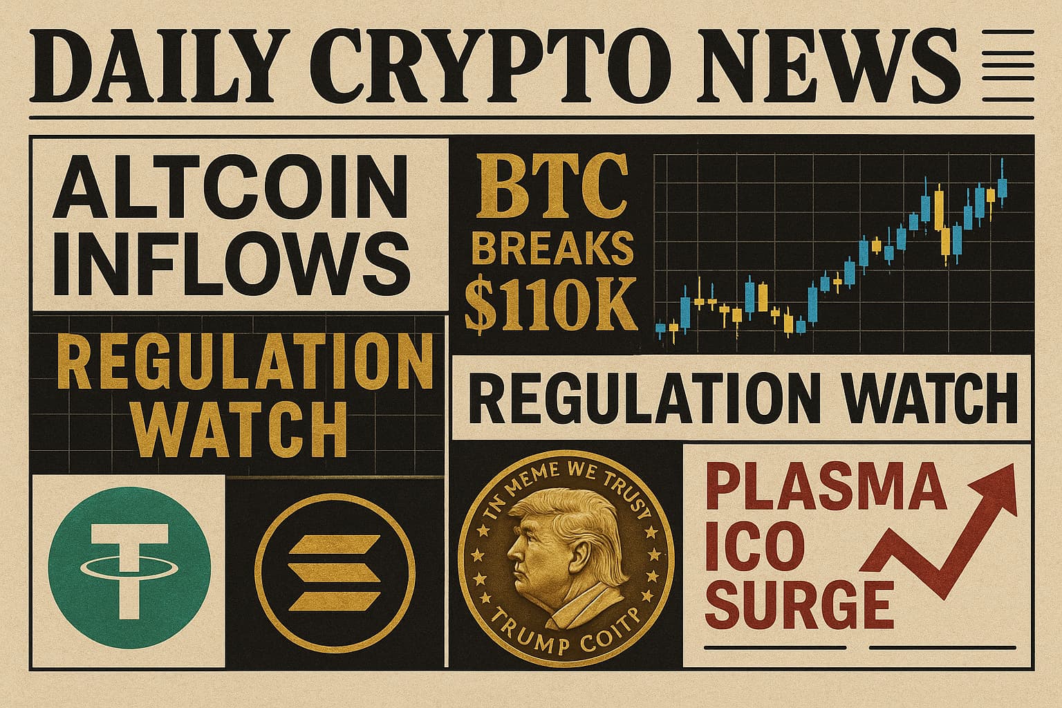 仮想通貨市場の最新ニュースをコラージュ形式で表現した画像。BTC11万ドル突破、USDT発行、SolanaとXRPの注目、規制動向が視覚的に表現されている。